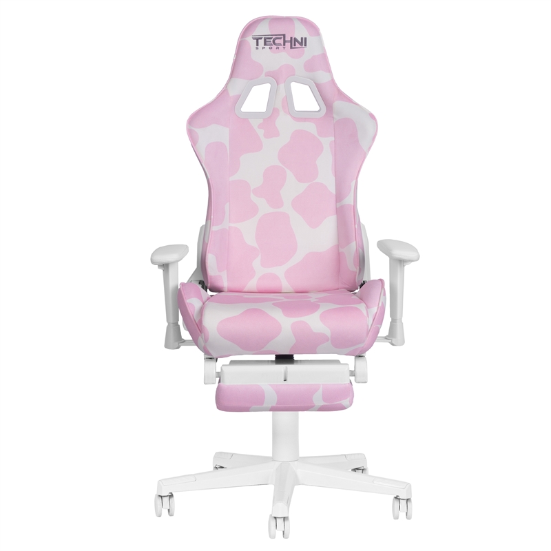 Pemberly Row Modern Pink COW Print Gaming Chair with Footrest
