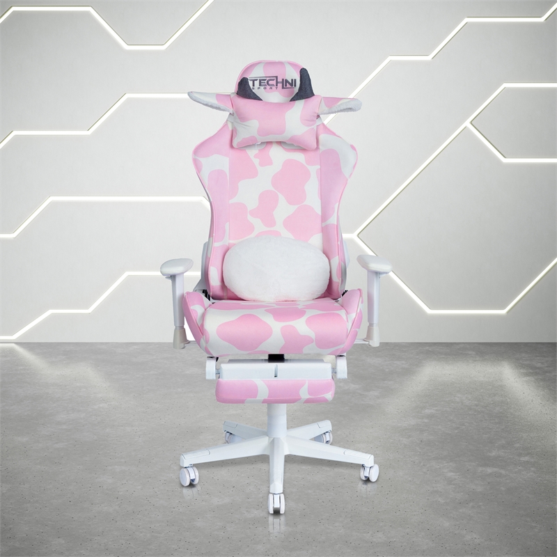 Pemberly Row Modern Pink COW Print Gaming Chair with Footrest