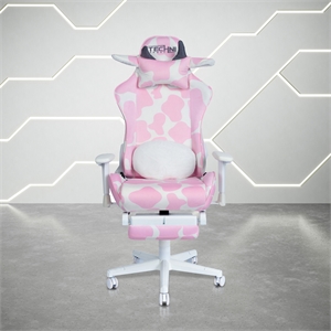 Pemberly Row Modern Pink COW Print Gaming Chair with Footrest