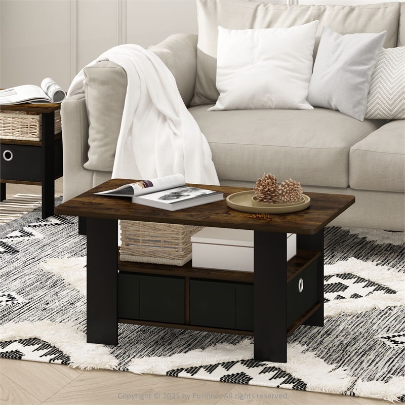 Pemberly Row Coffee Table with Bin Drawer in Amber Pine/Black