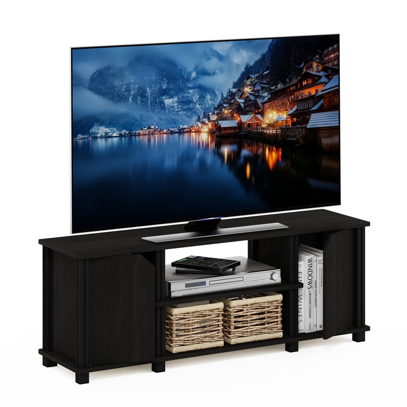 Pemberly Row TV Stand with Shelves and Storage in Espresso/Black