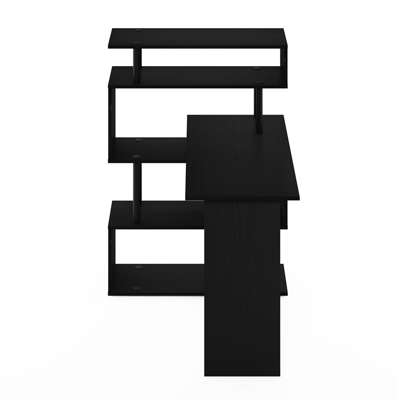 Pemberly Row L-Shape Computer Desk with 5-Tier Shelves in Americano/Black