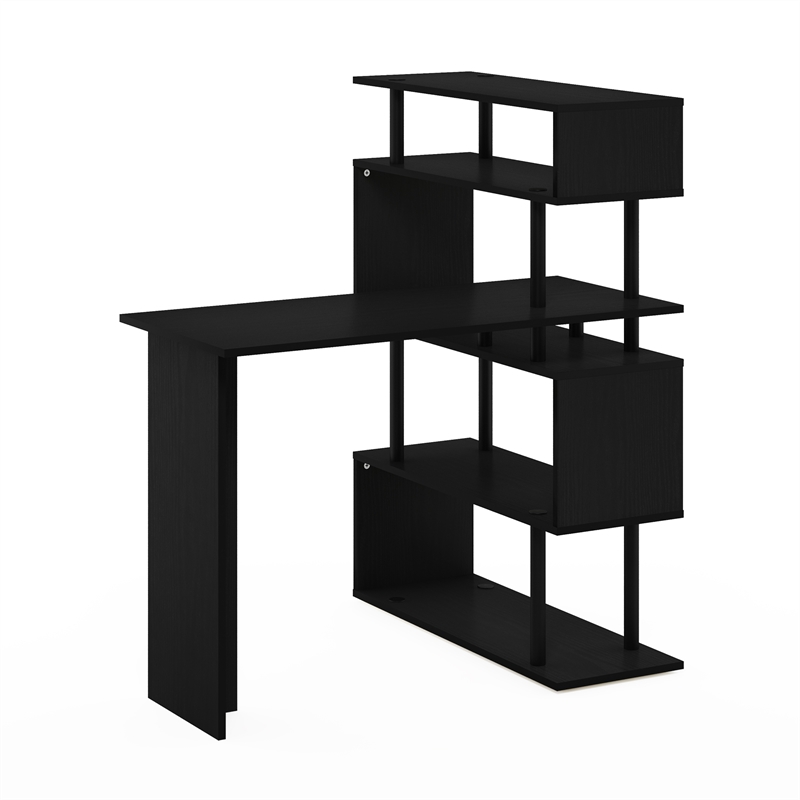 Pemberly Row L-Shape Computer Desk with 5-Tier Shelves in Americano/Black