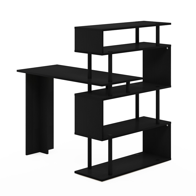 Pemberly Row L-Shape Computer Desk with 5-Tier Shelves in Americano/Black