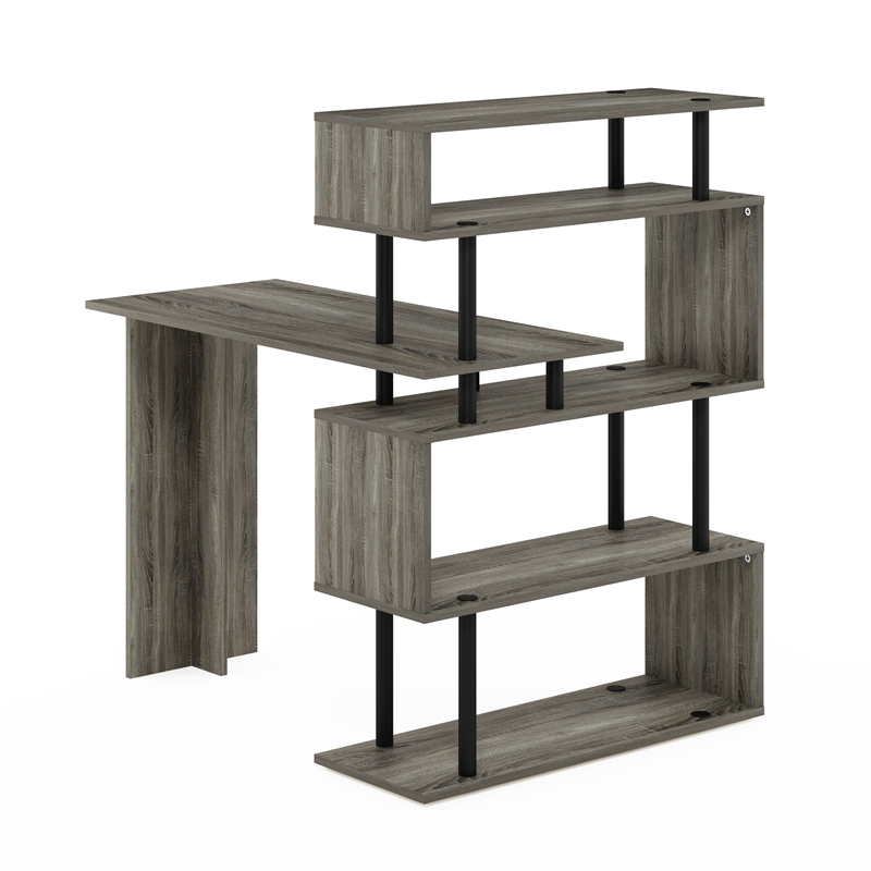 Pemberly Row L-Shape Computer Desk with 5-Tier Shelves in French Oak/Black
