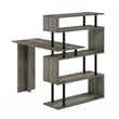 Pemberly Row L-Shape Computer Desk with 5-Tier Shelves in French Oak/Black