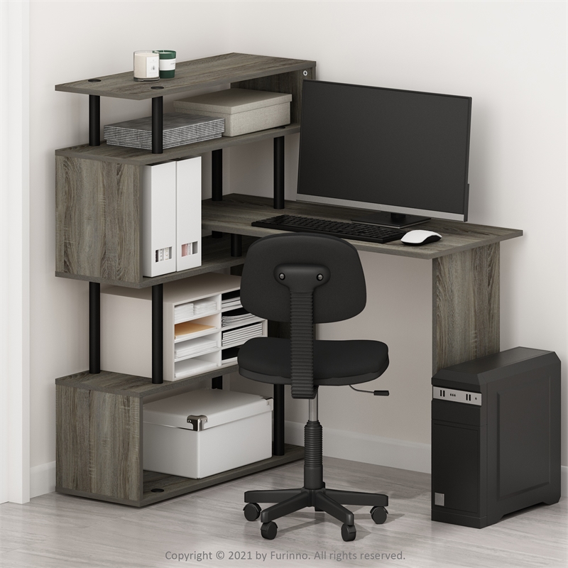 Pemberly Row L-Shape Computer Desk with 5-Tier Shelves in French Oak/Black