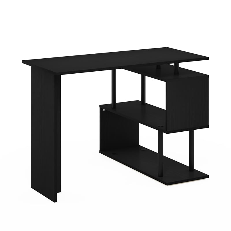 Pemberly Row L-Shape Computer Desk with 3-Tier Shelves in Americano/Black