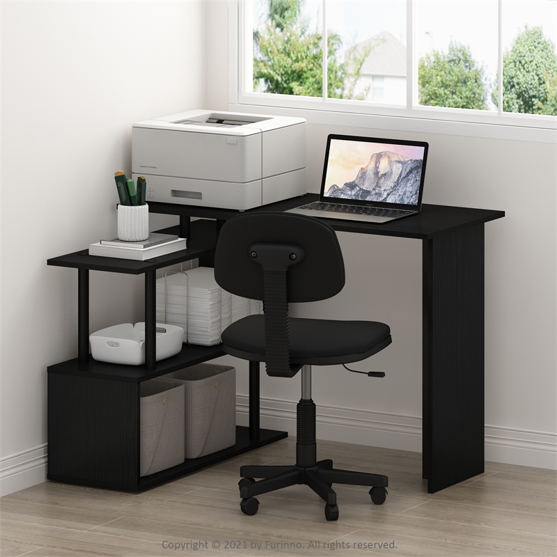Pemberly Row L-Shape Computer Desk with 3-Tier Shelves in Americano/Black