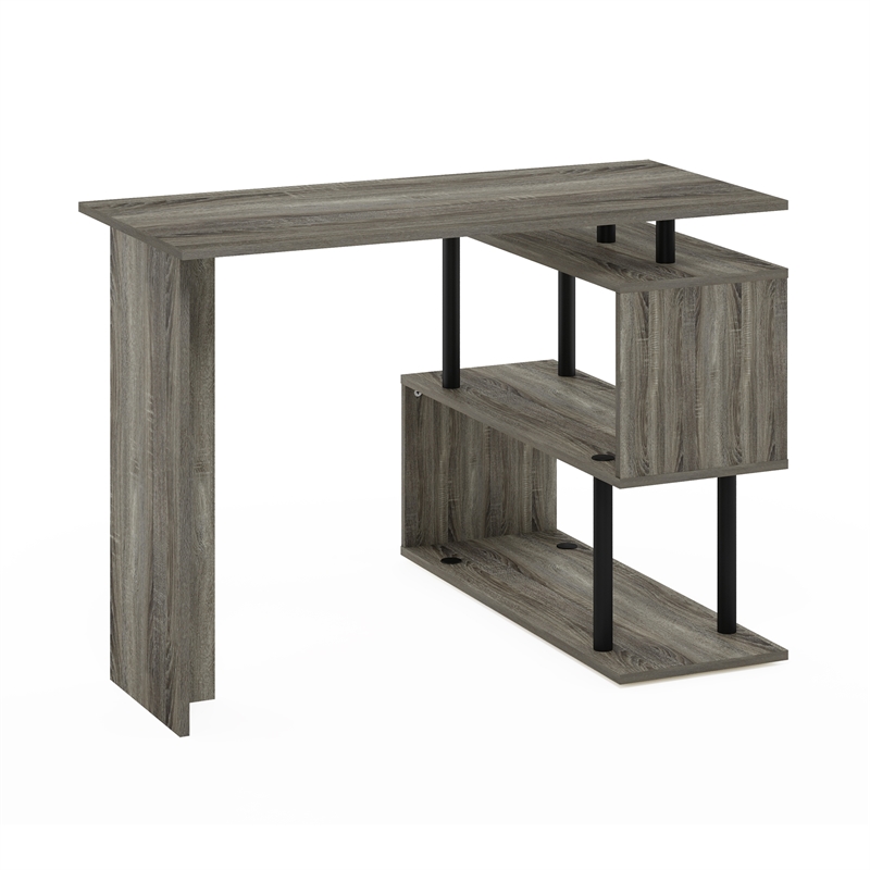 Pemberly Row L-Shape Computer Desk with 3-Tier Shelves in French Oak/Black