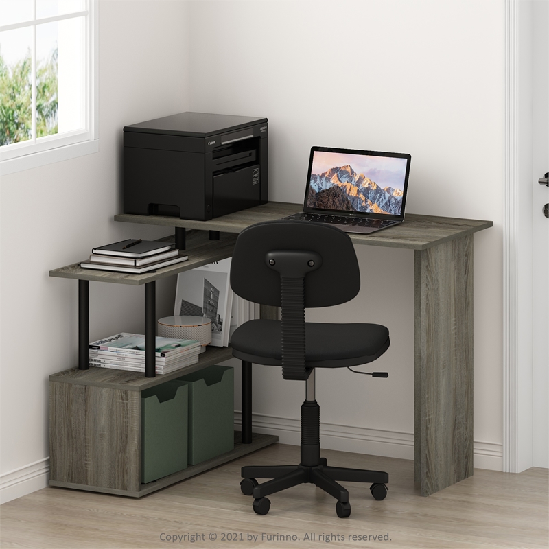 Pemberly Row L-Shape Computer Desk with 3-Tier Shelves in French Oak/Black