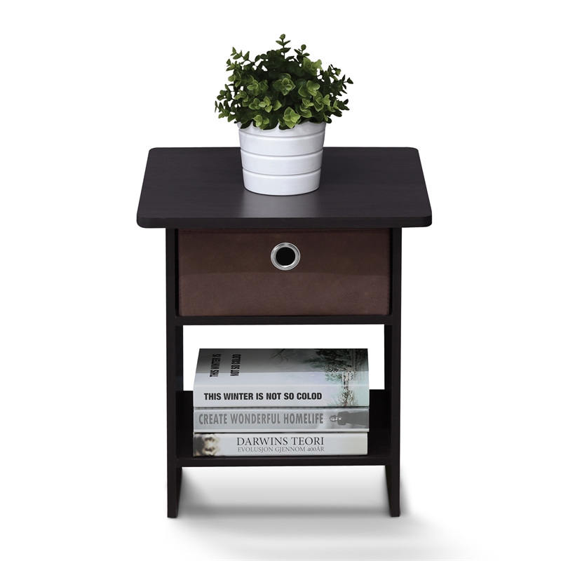 Pemberly Row End Table/ Night Stand Shelf with Bin Drawer in Dark Walnut