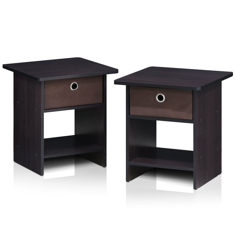 Pemberly Row End Table/ Night Stand Shelf with Bin Drawer in Dark Set of 2