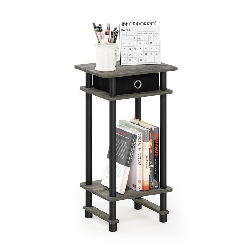 Pemberly Row Turn-N-Tube Wood End Table with Bin in French Oak Gray/Black