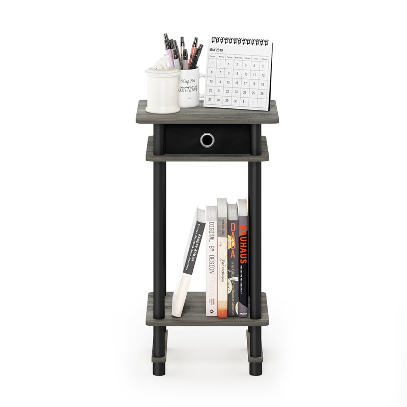 Pemberly Row Turn-N-Tube Wood End Table with Bin in French Oak Gray/Black