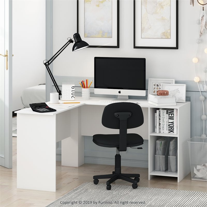 Pemberly Row Engineered Wood L-Shaped Desk with Bookshelves in White