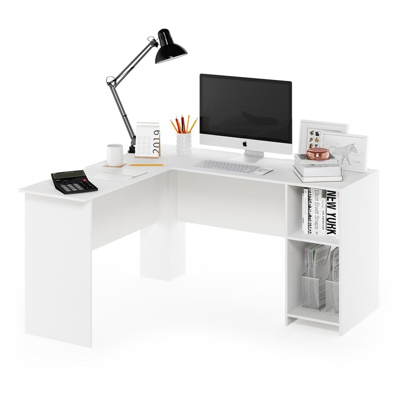 Pemberly Row Engineered Wood L-Shaped Desk with Bookshelves in White