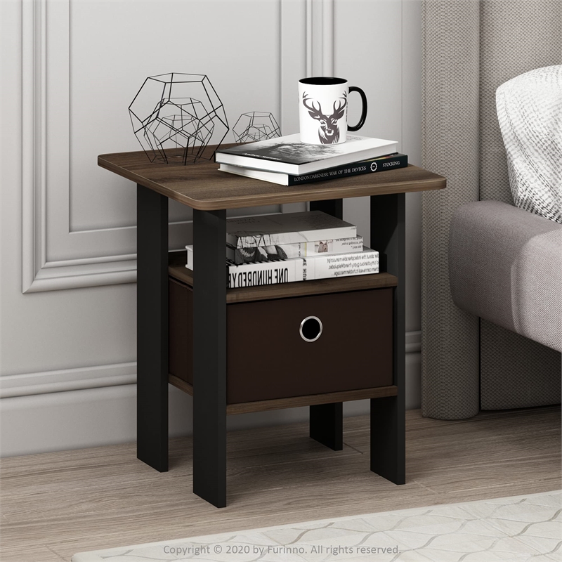 Pemberly Row Engineered Wood End Table with Bin Drawer in Walnut (Set of 2)