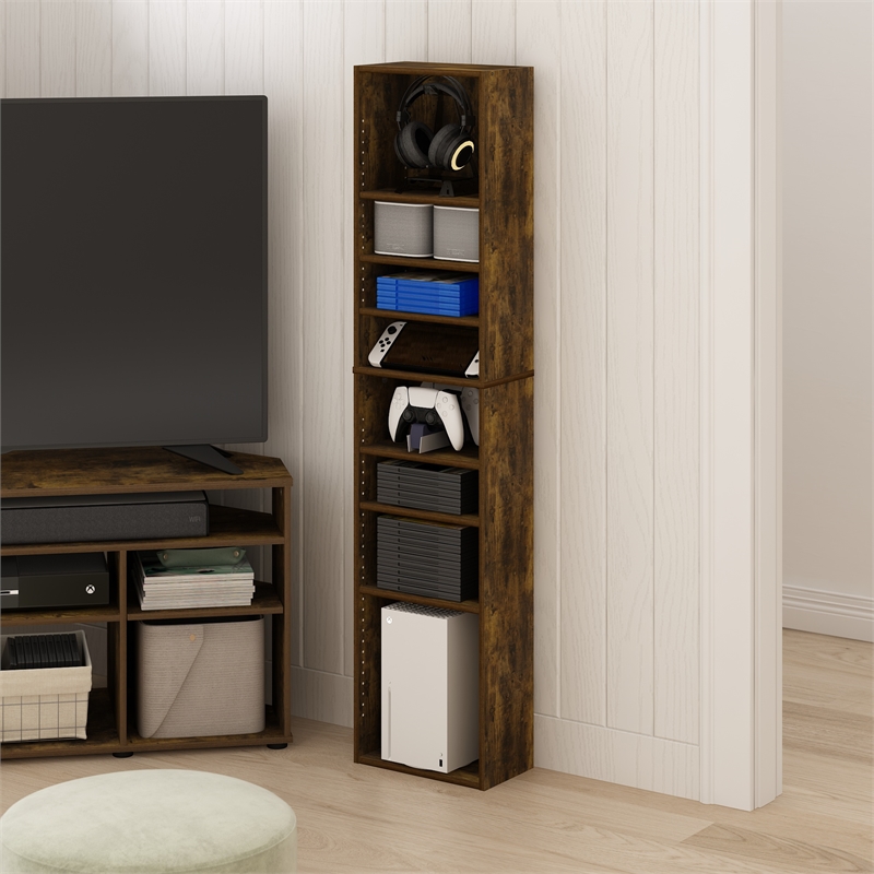 Pemberly Row 8-Tier Adjustable Shelves Multimedia Media Storage Tower Amber Pine