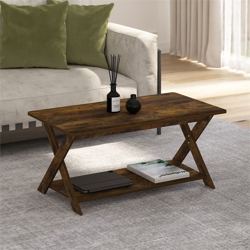 Pemberly Row Contemporary Criss-Crossed Coffee Table in Amber Pine