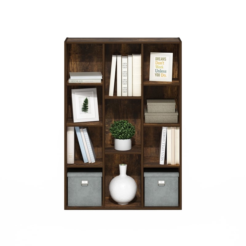 Pemberly Row 11-Cube Reversible Open Shelf Bookcase in Amber Pine