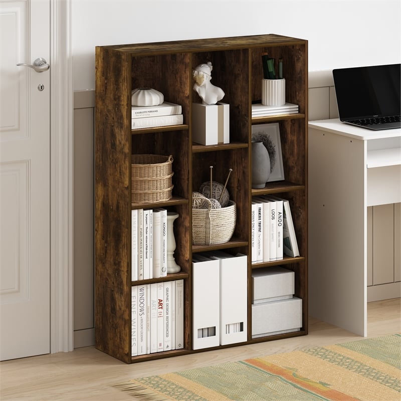 Pemberly Row 11-Cube Reversible Open Shelf Bookcase in Amber Pine