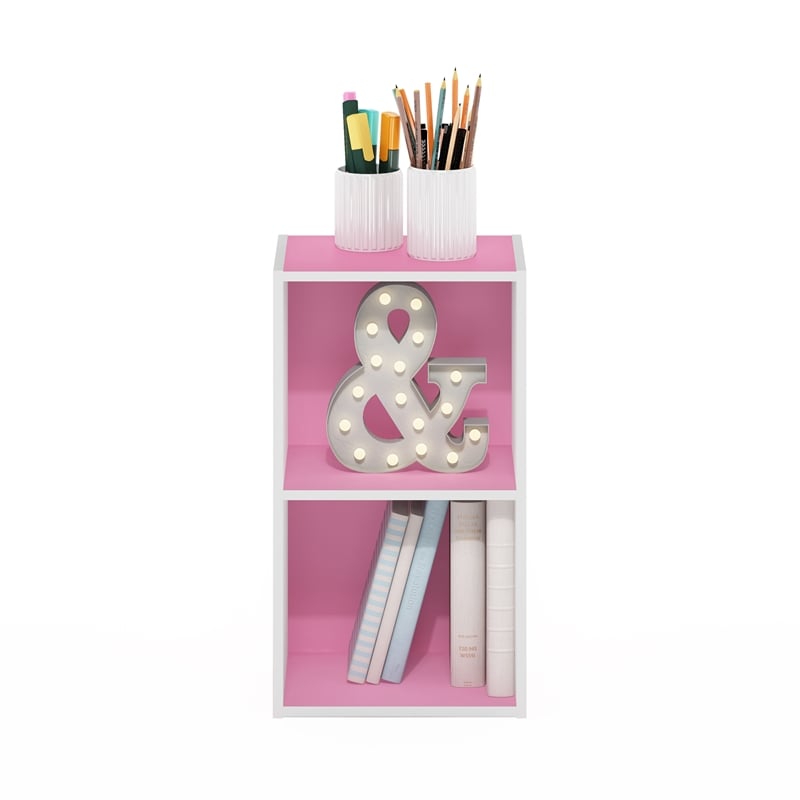 Pemberly Row Contemporary 2-Tier Open Shelf Bookcase in Pink/White