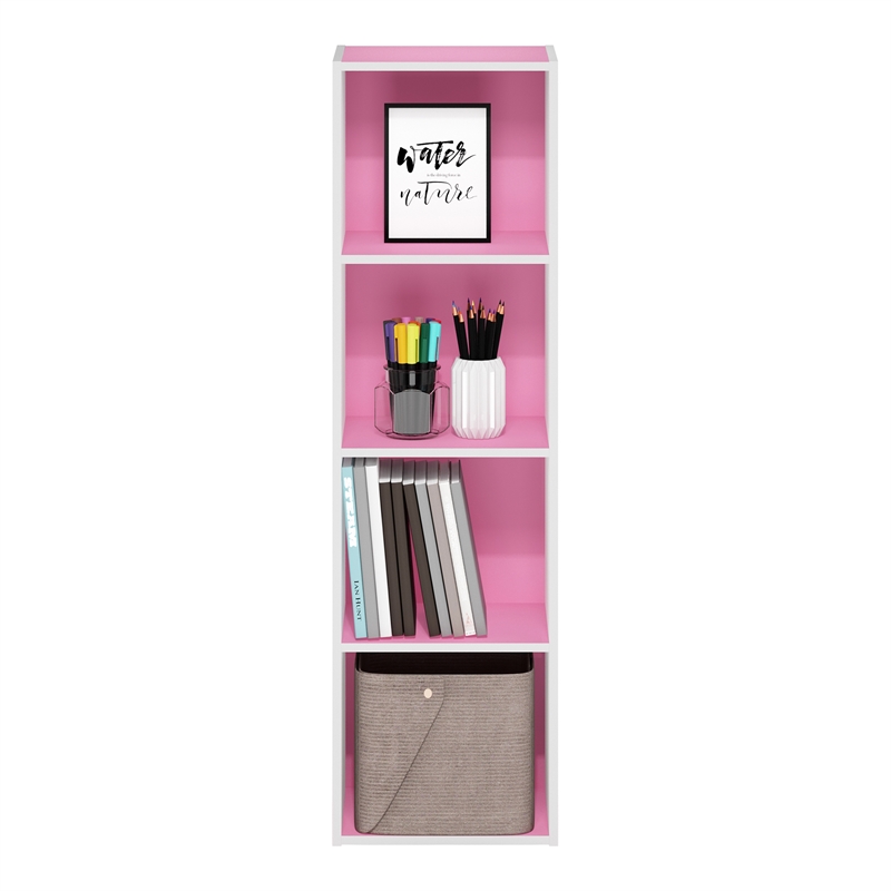 Pemberly Row Contemporary 4-Tier Open Shelf Bookcase in Pink/White