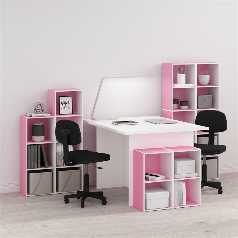Pemberly Row Contemporary 4-Tier Open Shelf Bookcase in Pink/White