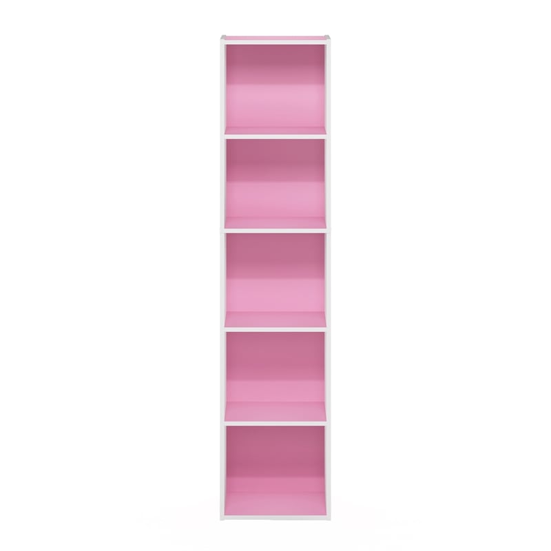 Pemberly Row Contemporary 5-Tier Open Shelf Bookcase in Pink/White