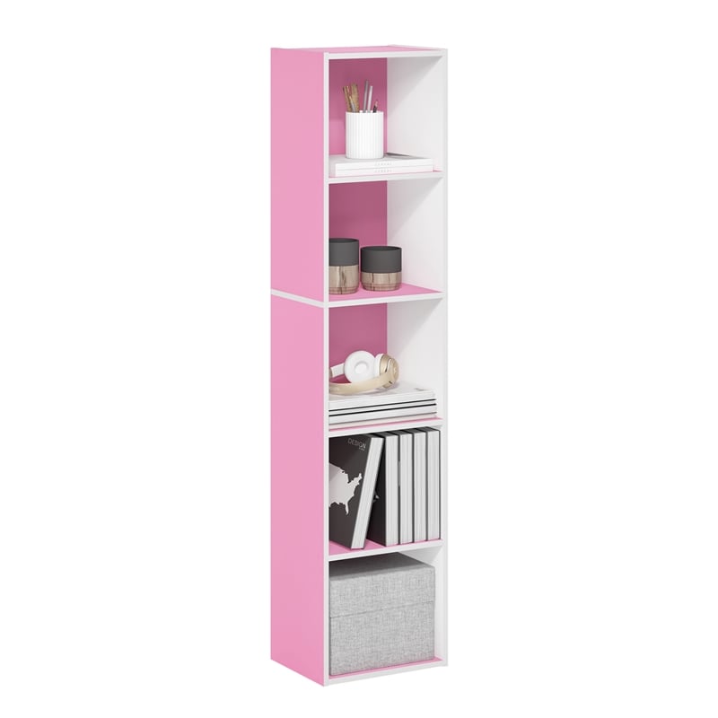 Pemberly Row Contemporary 5-Tier Open Shelf Bookcase in Pink/White