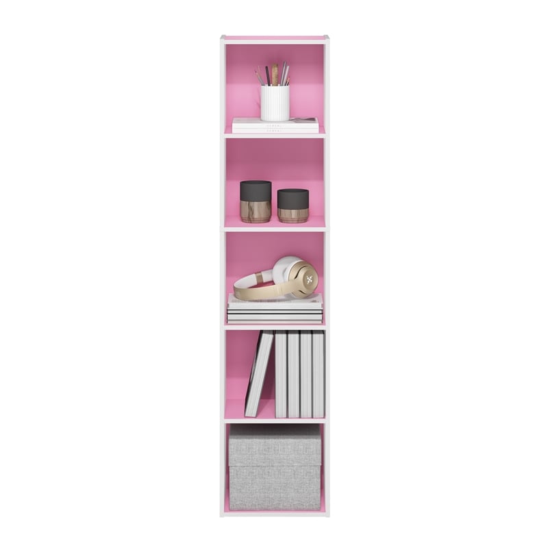 Pemberly Row Contemporary 5-Tier Open Shelf Bookcase in Pink/White