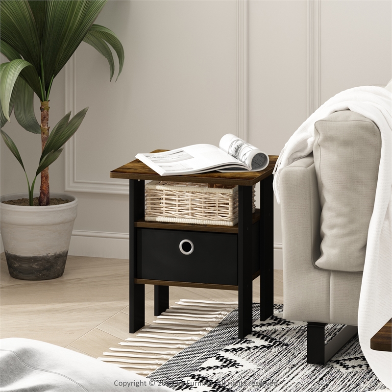 Pemberly Row End Table Nightstand with Bin Drawer in Amber Pine/Black