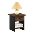Pemberly Row End Table/ Night Stand Shelf with Bin Drawer in Amber Pine/Black