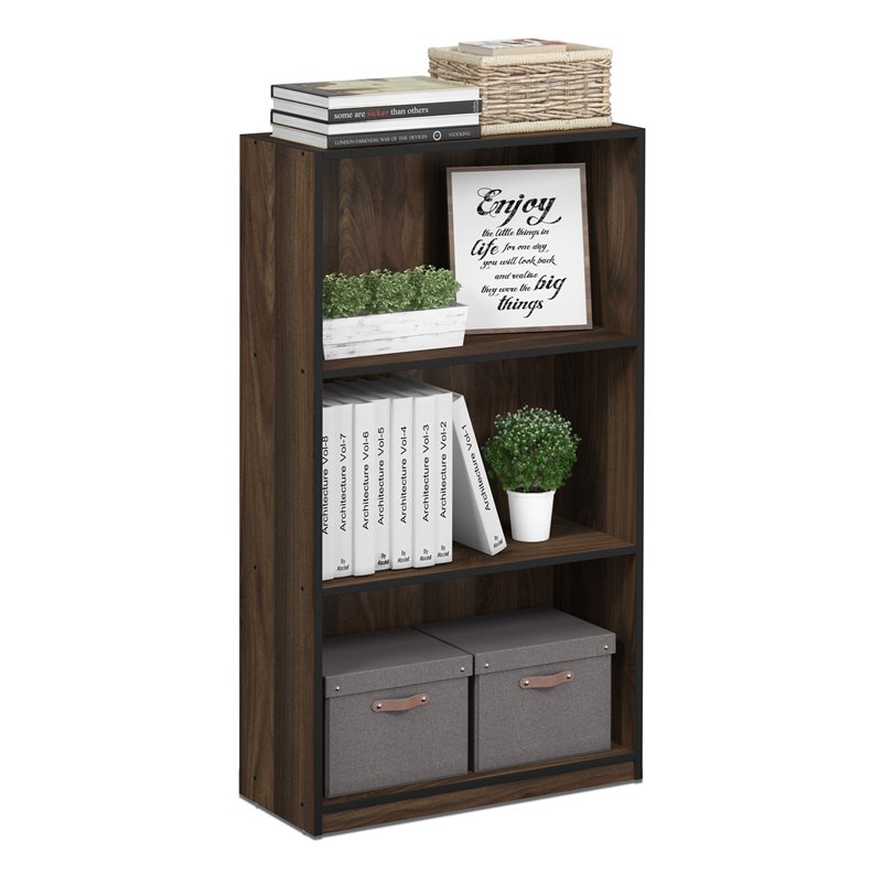 Pemberly Row Wood 3-Tier Bookcase Storage Shelves in Columbia Walnut/Black