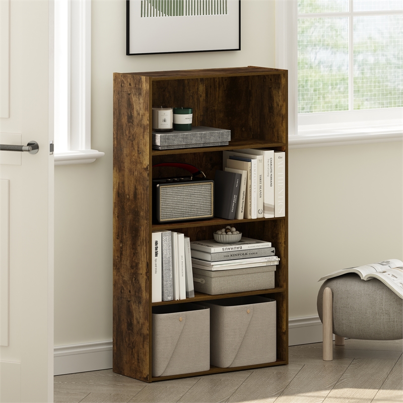 Pemberly Row Contemporary 4-Tier Open Shelf in Amber Pine Finish