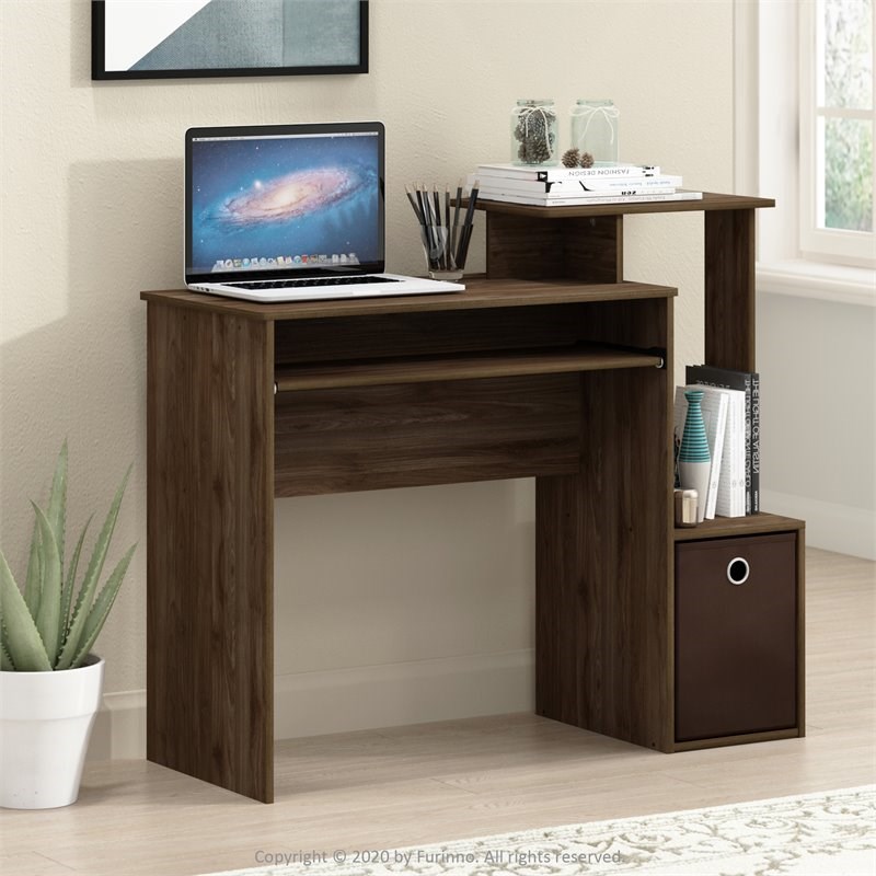 Pemberly Row Wood Computer/Writing Desk w/Bin in Columbia Walnut/Dark Brown