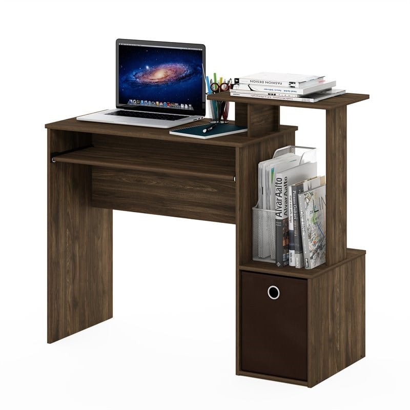 Pemberly Row Wood Computer/Writing Desk w/Bin in Columbia Walnut/Dark Brown