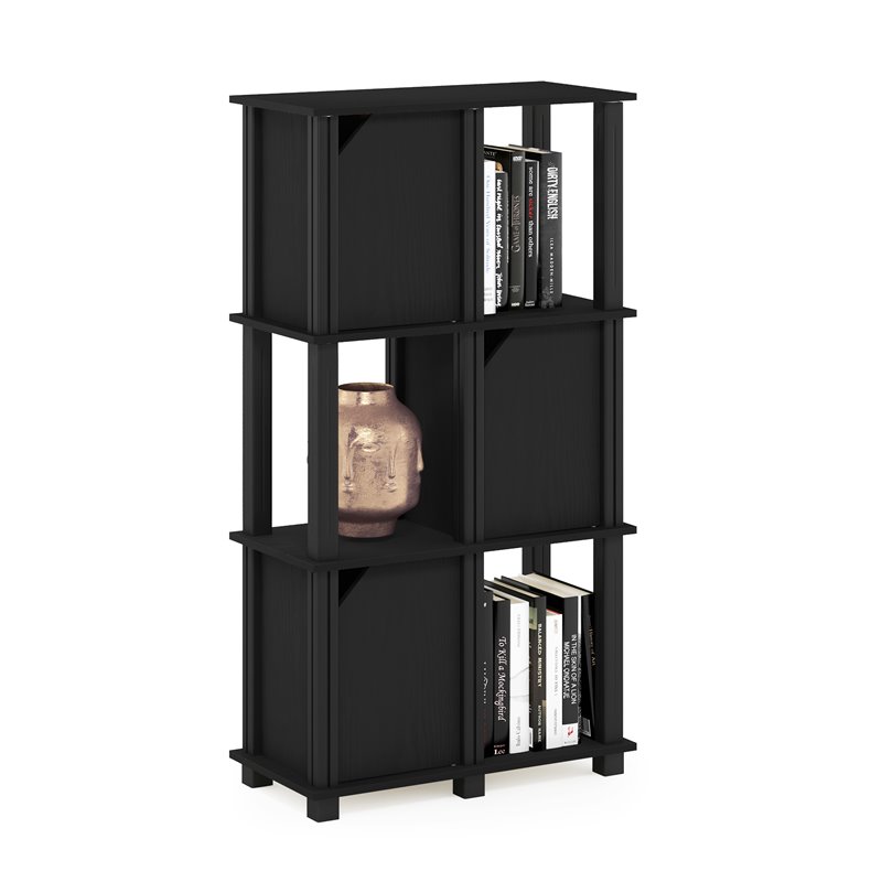 Pemberly Row Engineered Wood 4-Tier Storage Shelf with 3 Doors in Black Oak