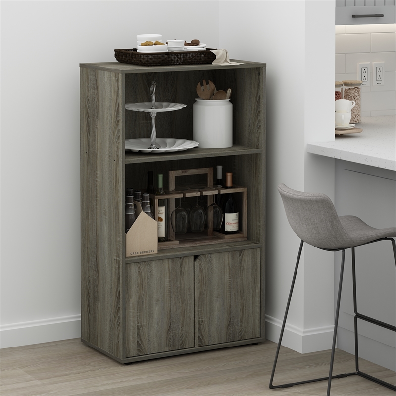 Pemberly Row Kitchen Storage Shelf with Cabinet in French Oak Gray