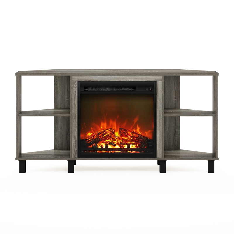 Pemberly Row Corner Fireplace TV Stand with 4 Open French Oak Gray