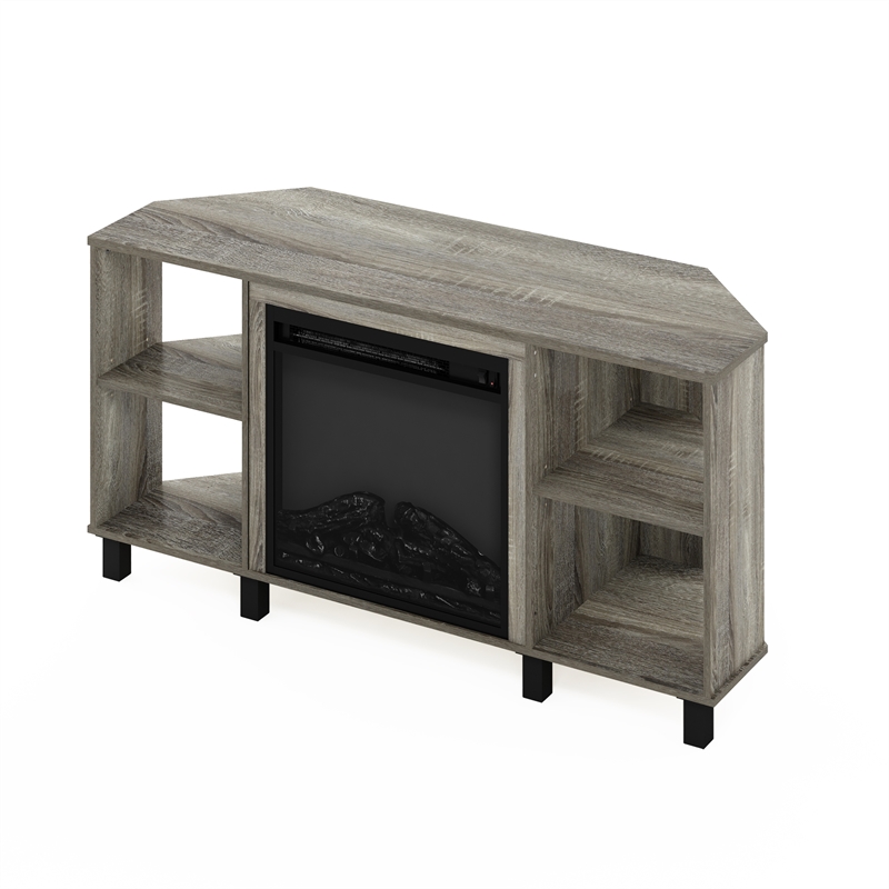 Pemberly Row Corner Fireplace TV Stand with 4 Open French Oak Gray