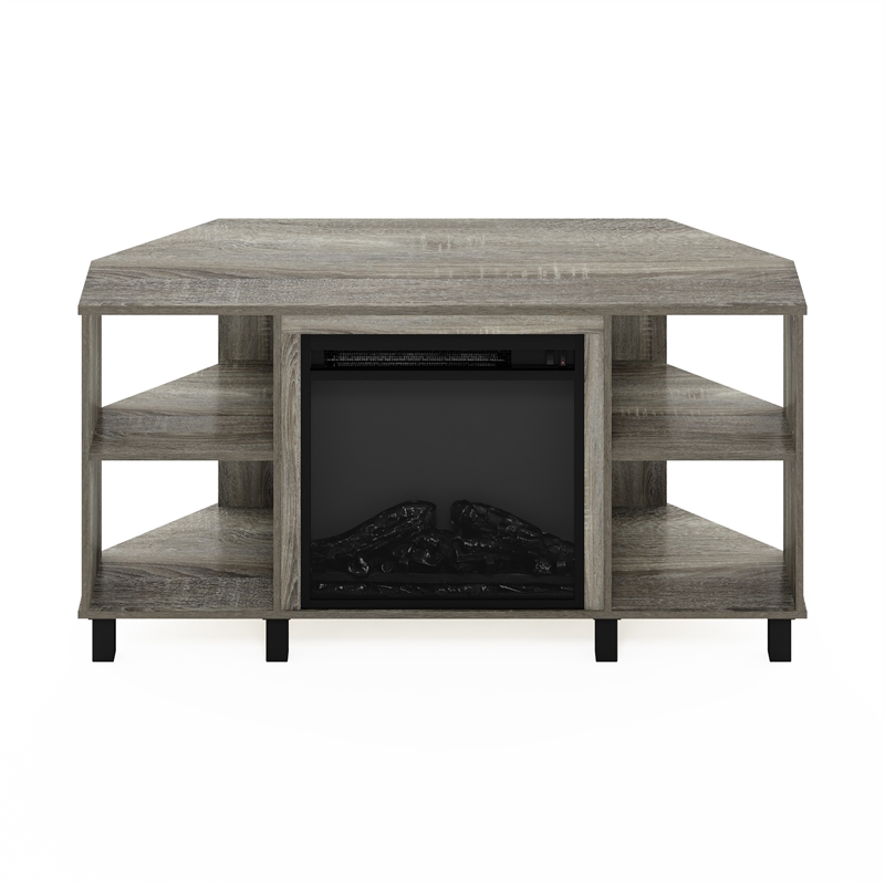 Pemberly Row Corner Fireplace TV Stand with 4 Open French Oak Gray