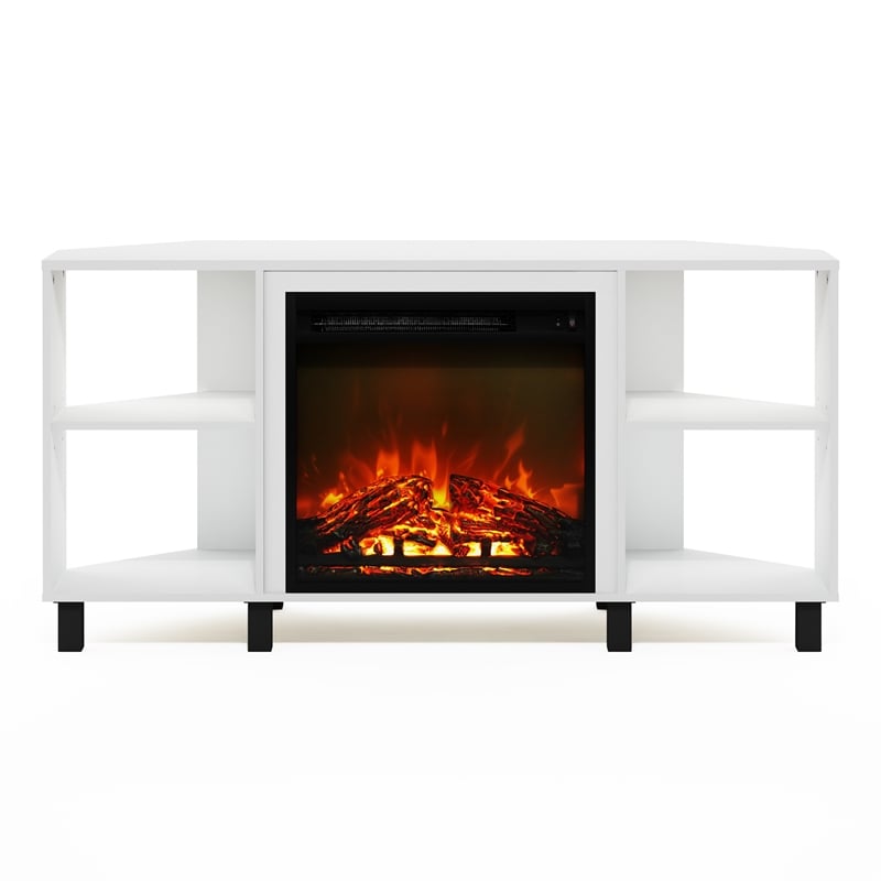 Pemberly Row Corner Fireplace TV Stand with 4 Open Compartments Solid White