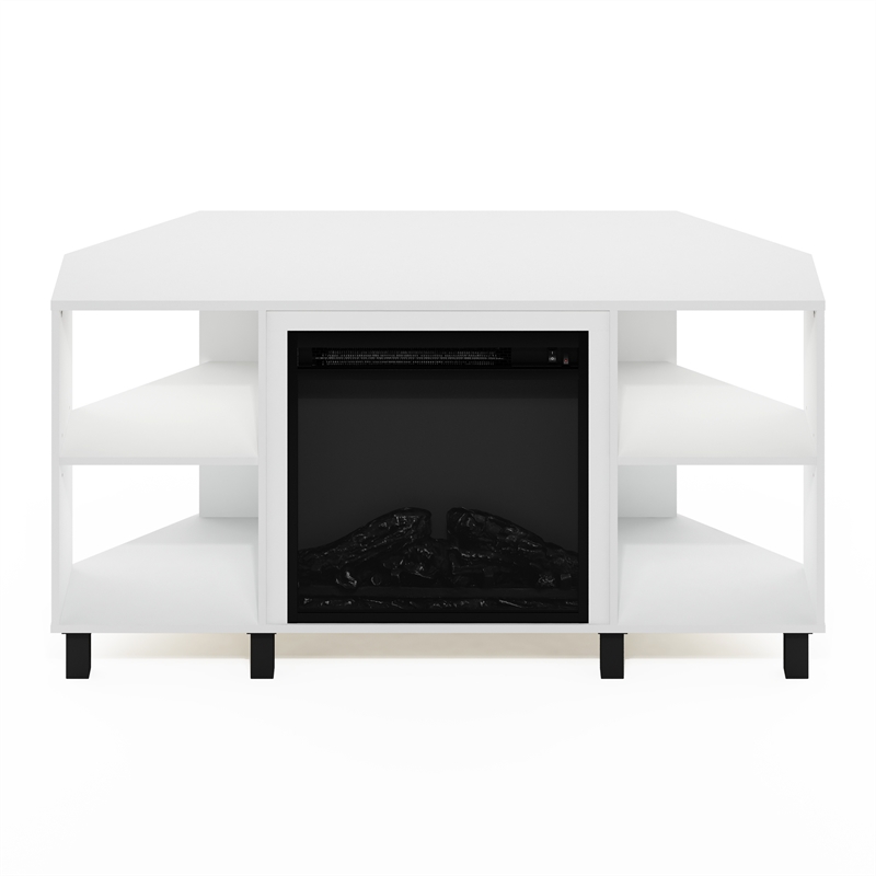 Pemberly Row Corner Fireplace TV Stand with 4 Open Compartments Solid White