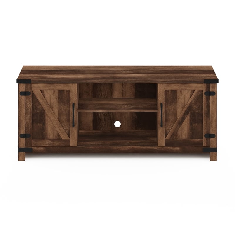 Pemberly Row Farmhouse Barn Door TV Entertainment Cabinet with Rustic Brown