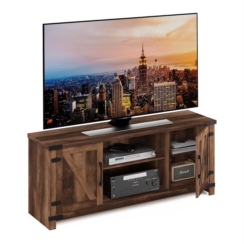 Pemberly Row Farmhouse Barn Door TV Entertainment Cabinet with Rustic Brown