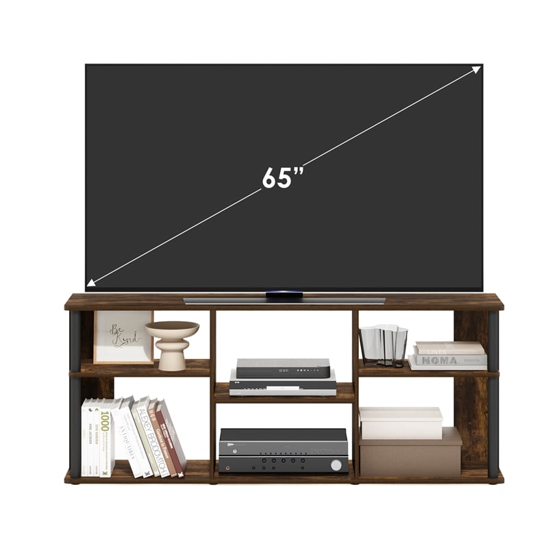 Pemberly Row TV Stand with Plastic Poles for TV up to Amber Pine/Black