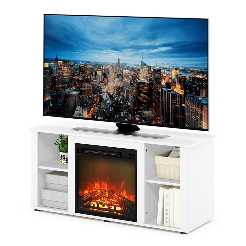 Pemberly Row Contemporary TV Stand with Fireplace in Solid White