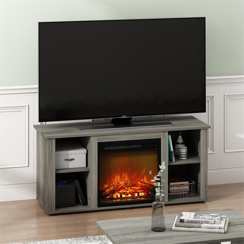 Pemberly Row Contemporary TV Stand with Fireplace in French Oak Gray